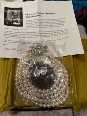 Audrey Hepburn Style Multi-Strand Necklace and Sparkling Teardrop Earrings